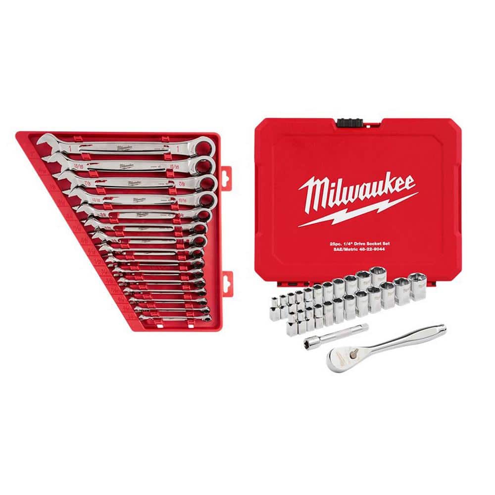 Milwaukee SAE Ratcheting Combination Wrench Set with 1/4 in. Drive SAE/Metric Ratchet and Socket Mechanics Tool Set (40-Piece)