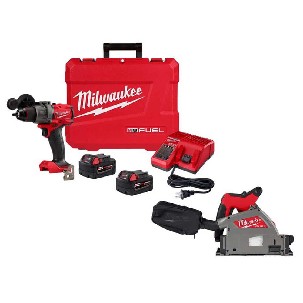 Milwaukee M18 FUEL 18V Lithium-Ion Brushless Cordless 1/2 in. Hammer Drill Driver Kit w/6-1/2 in. Plunge Cut Track Saw