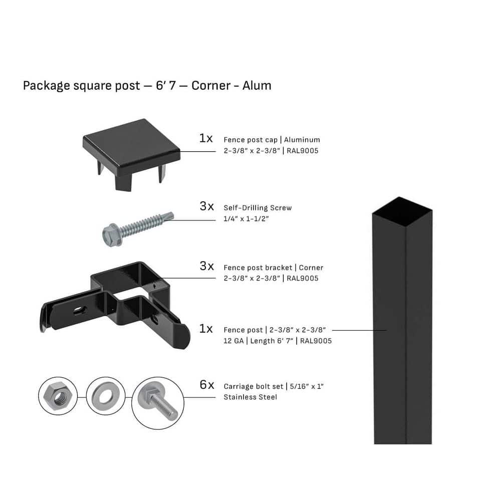 TARTER Square 2-3/8 in. x 2-3/8 in. x 6'7 ft. Metal Cap Corner Fence Black Steel Post (1-Pack)
