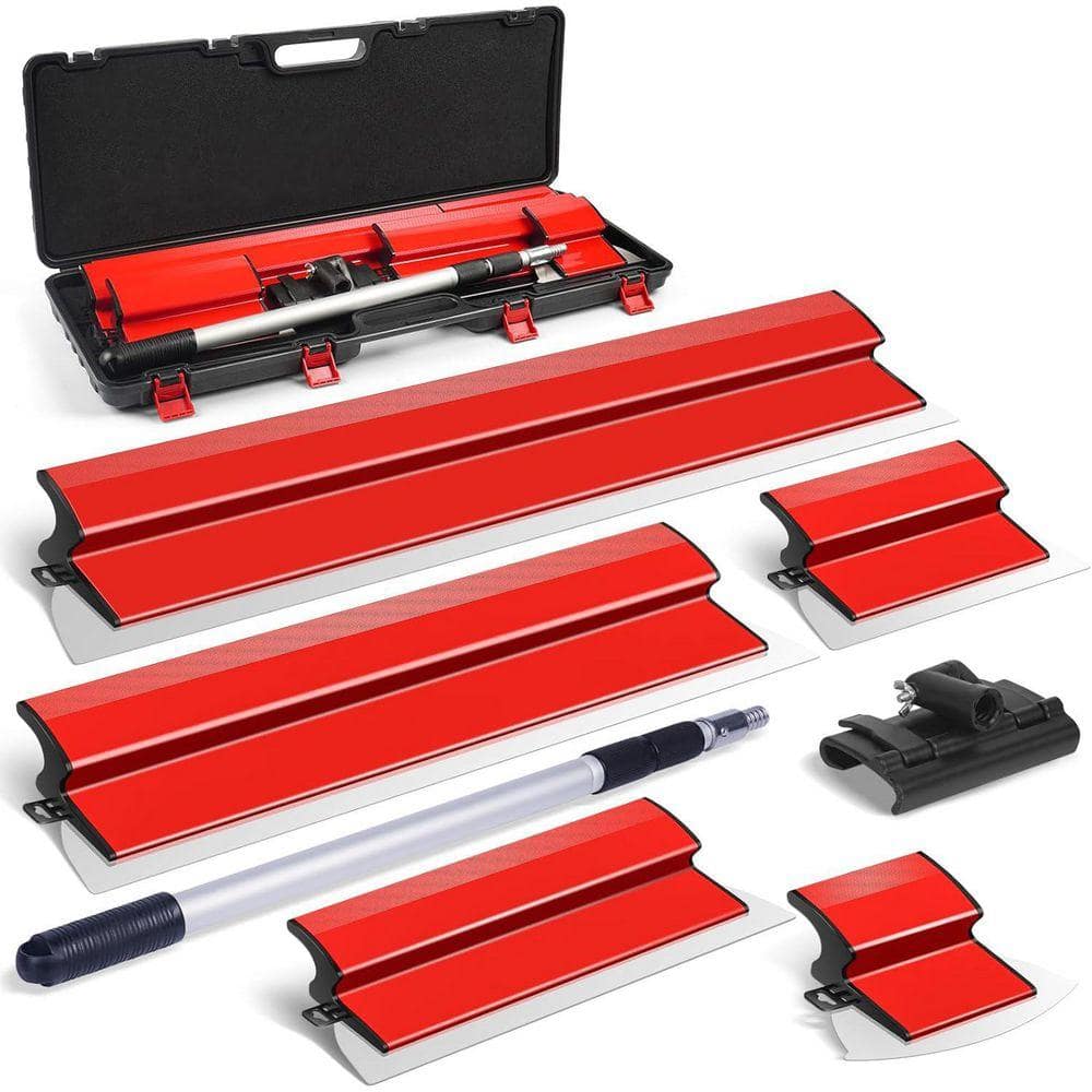 KIWDZFU Stainless Steel 6, 10, 16, 24 and 32 in. Drywall Skimming Blade Set with Portable Case and 28-62 in. Extension Handle