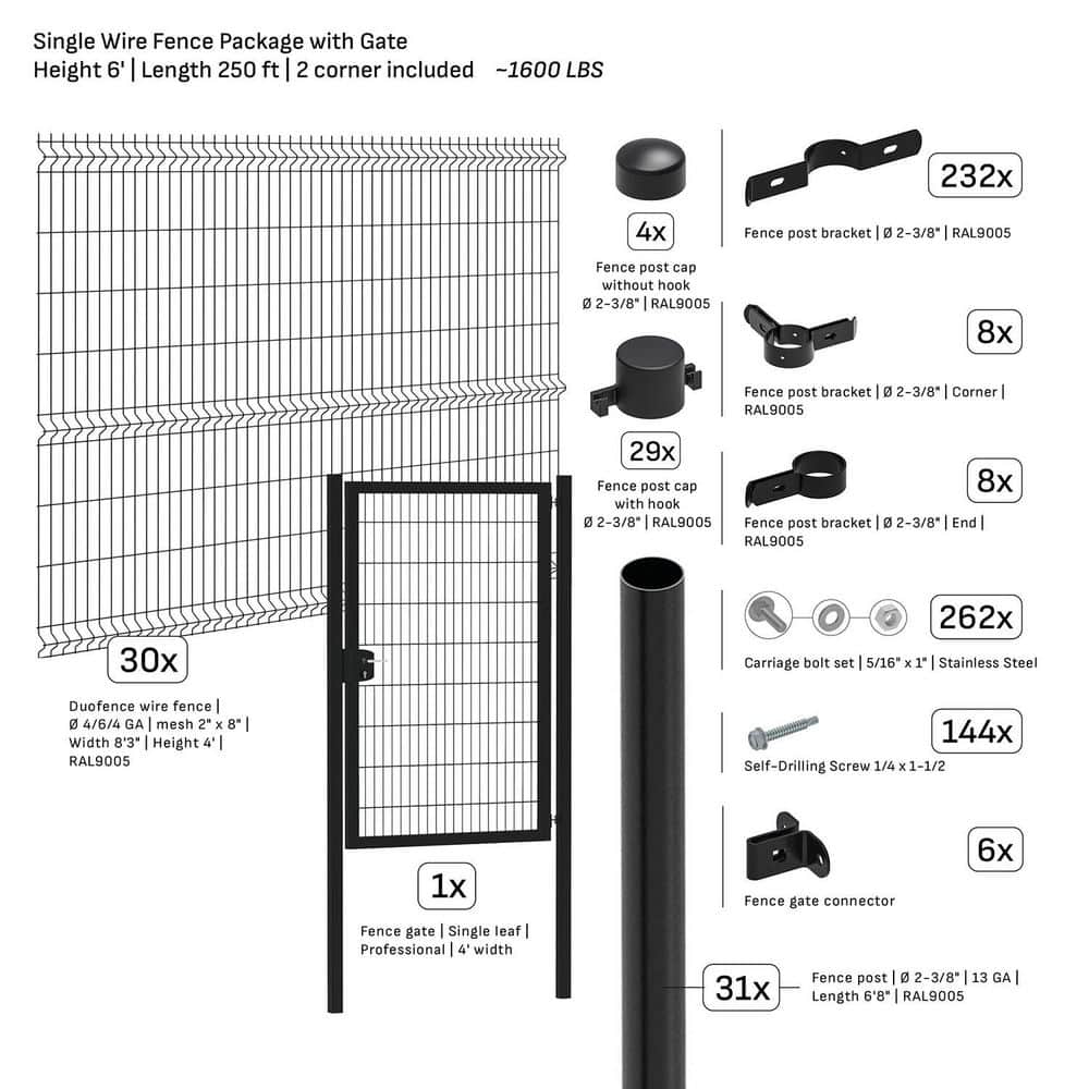 TARTER Single-Wire 250 ft. x 6 ft. Steel Flat Top Spaced Black Fence Panel Package with Gate (30-Pack)