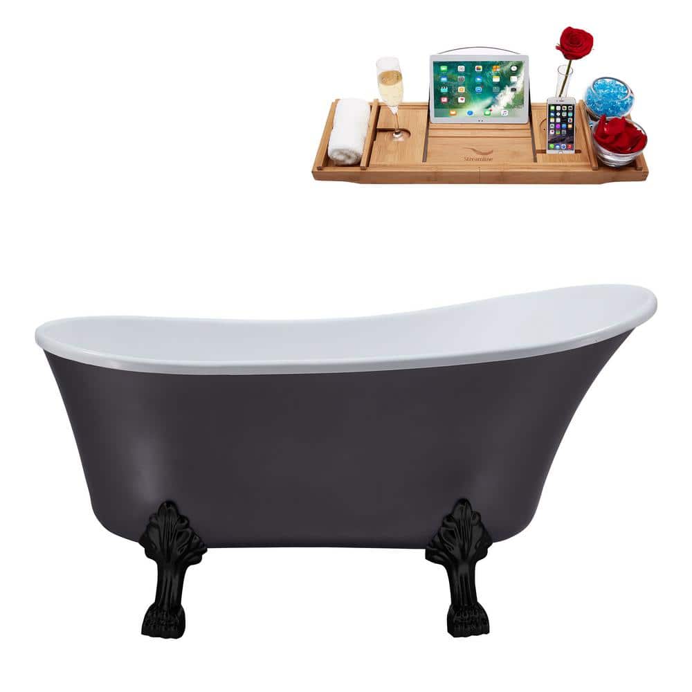 Streamline 55 in. Acrylic Clawfoot Non-Whirlpool Bathtub in Matte Gray With Matte Black Clawfeet And Matte Black Drain