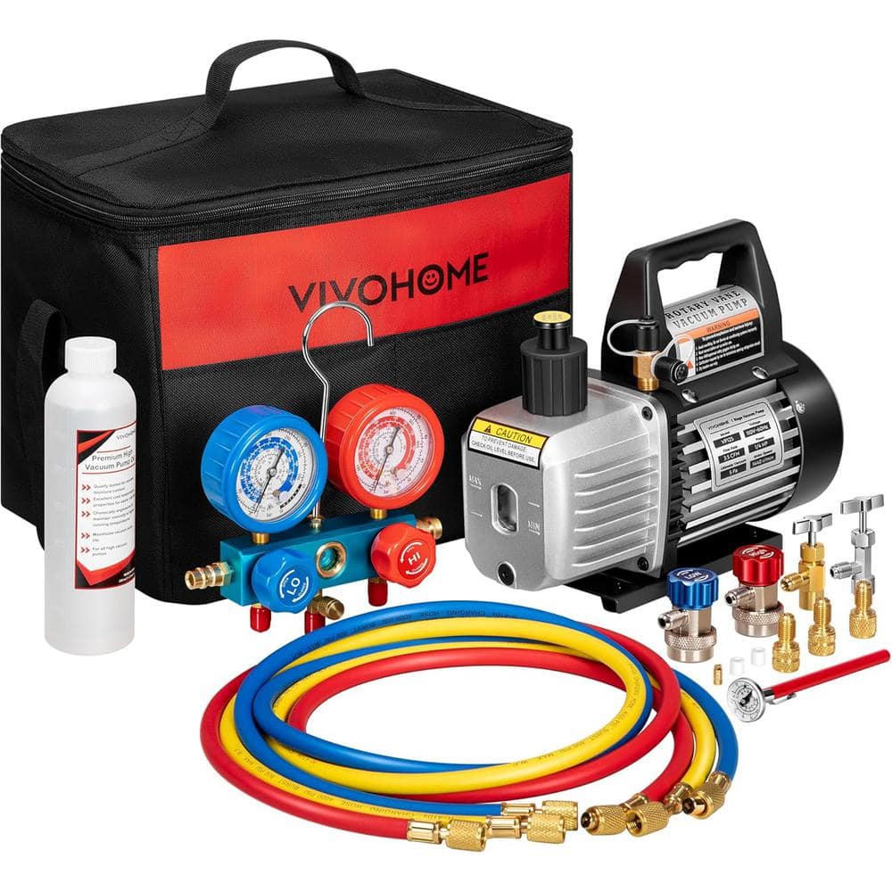 VIVOHOME 3.5 CFM Single Stage Rotary Vane Air Vacuum Pump and R134A AC Manifold Gauge Set for Refrigeration Recharging, Black