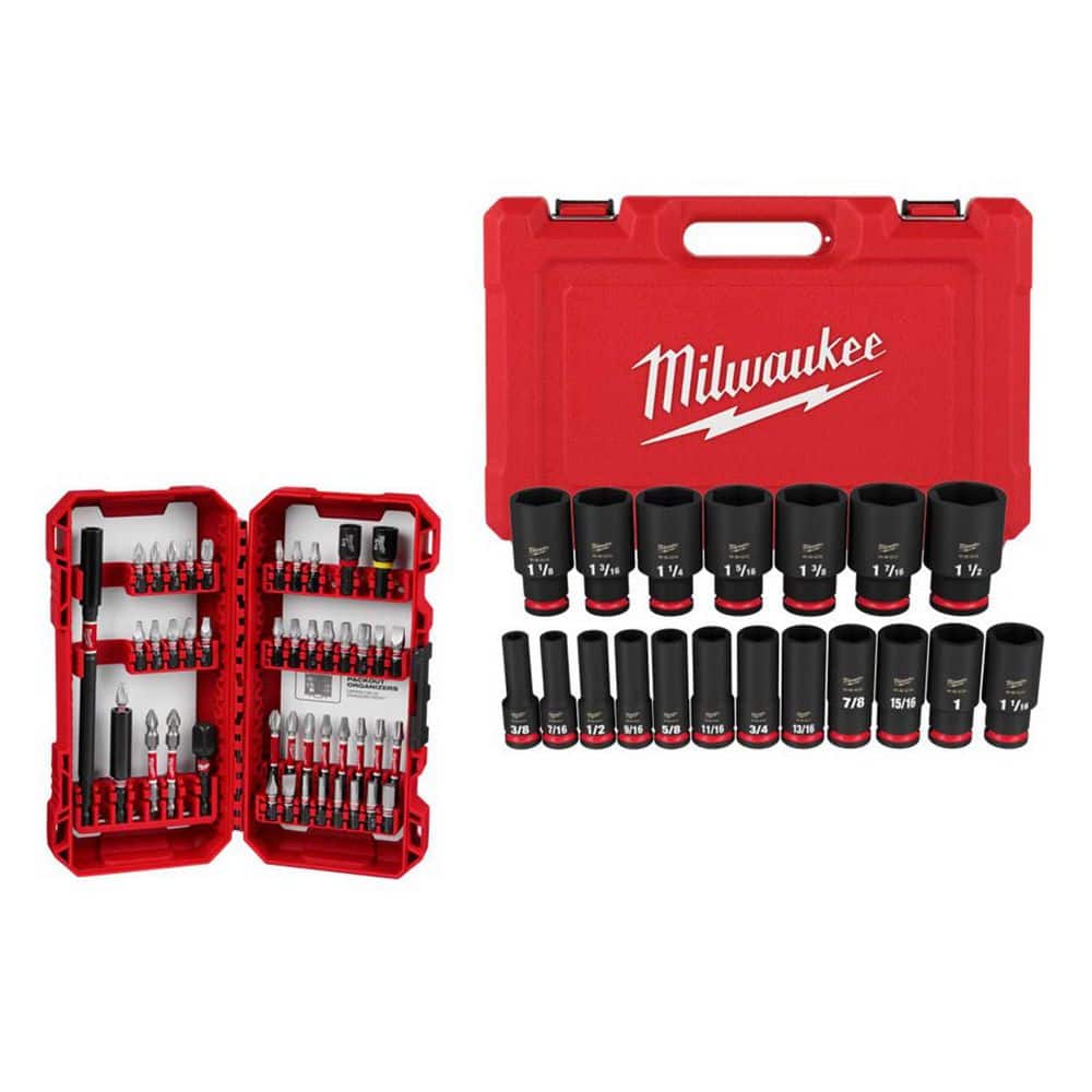 Milwaukee SHOCKWAVE Impact Duty Alloy Steel Screwdriver Bit Set (45-Piece) w/ SHOCKWAVE 1/2 in. Drive SAE Impact Socket Set (19PC)