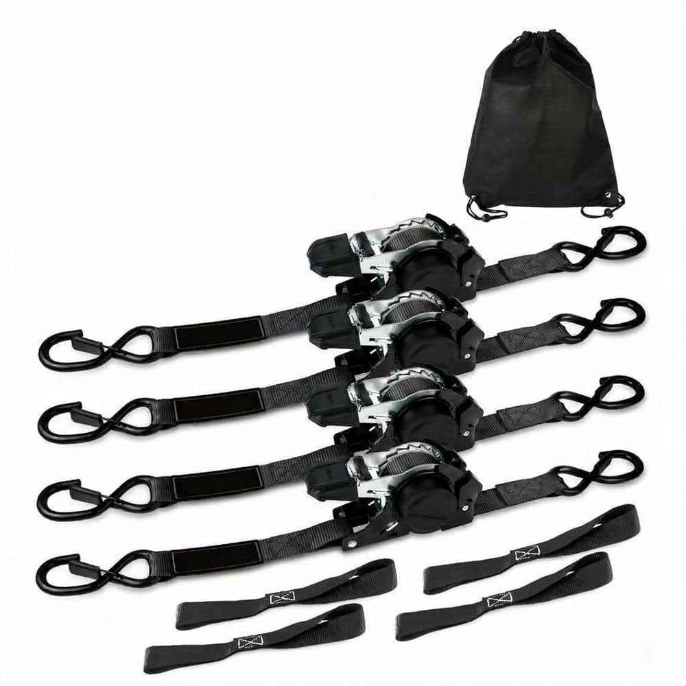LAIFUCAM 12 ft x 1 in Auto Retractable Ratchet Tie Down Straps with Soft Loops, S-Hooks, Zinc Coated, 4 Pack