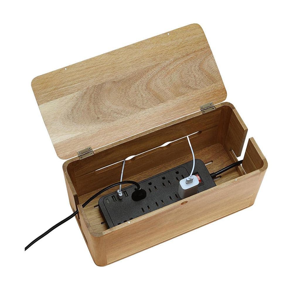Ahfiwaso Acacia Wood Style Magnetic Flip-Top Cable Management Box Cord Organizer Ventilated Design Desk Floor 1 Piece