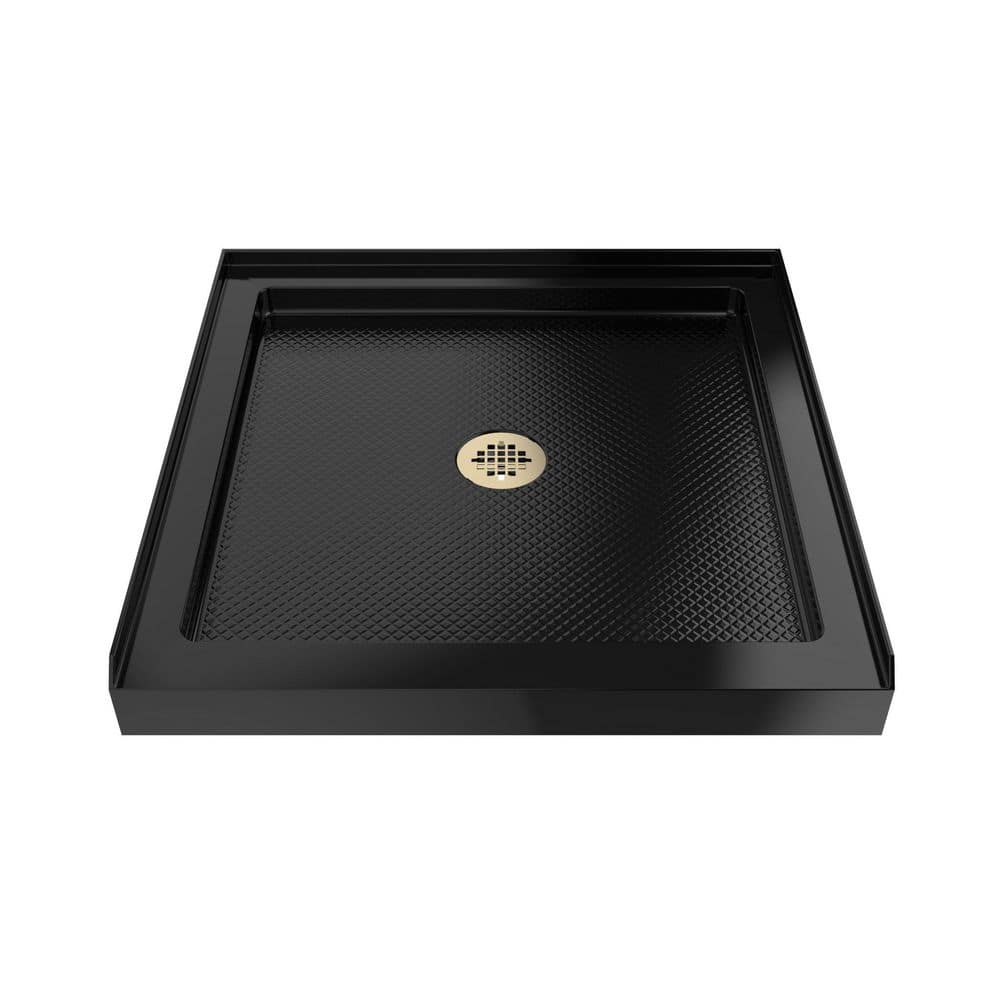 DreamLine SlimLine 36 in. L x 36 in. W Alcove Square Black Shower Pan Base with 2 in. Round Center Drain in Polished Brass