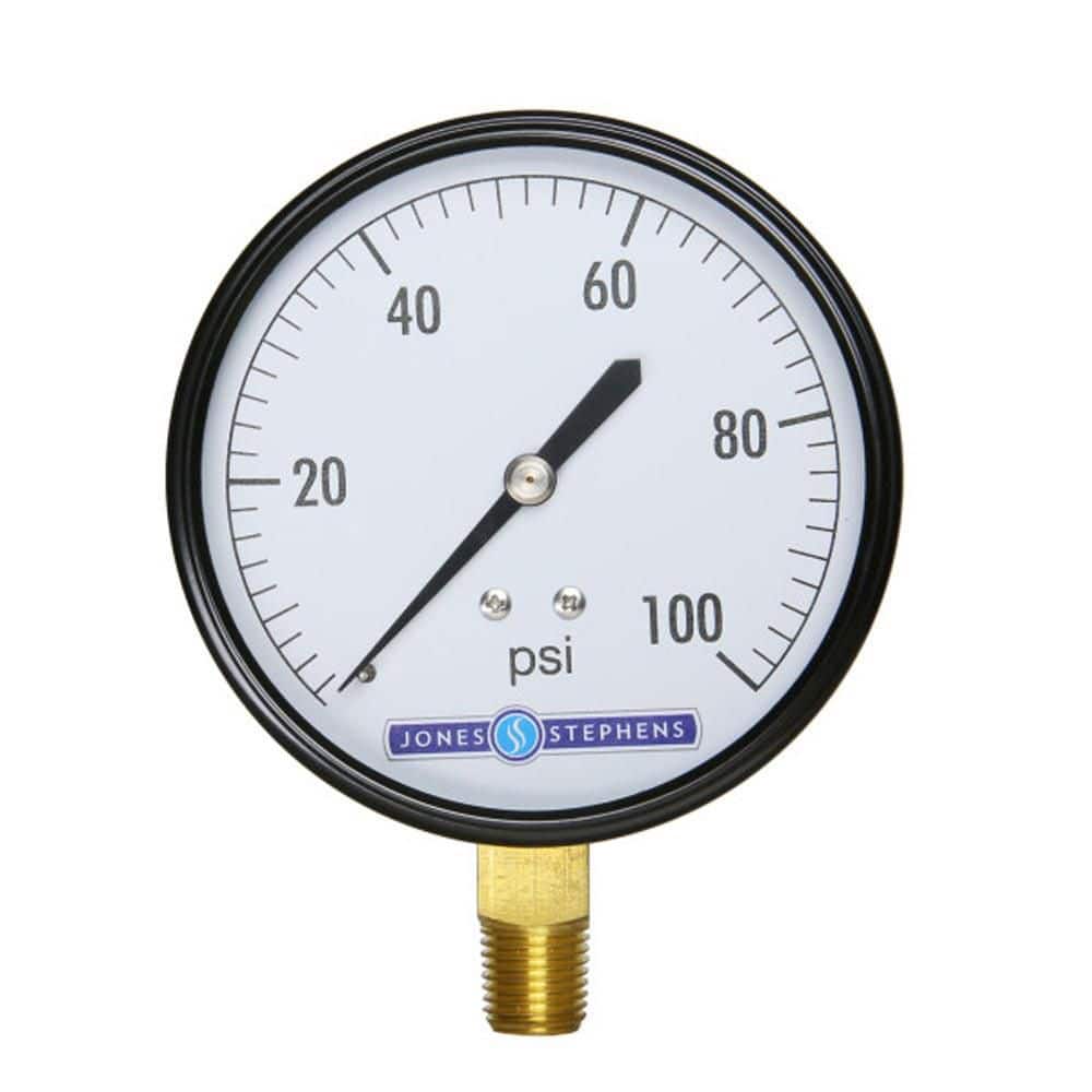 JONES STEPHENS 100 PSI Pressure Gauge with 3-1/2 in. Face and 1/4 in. MIP Brass Connection