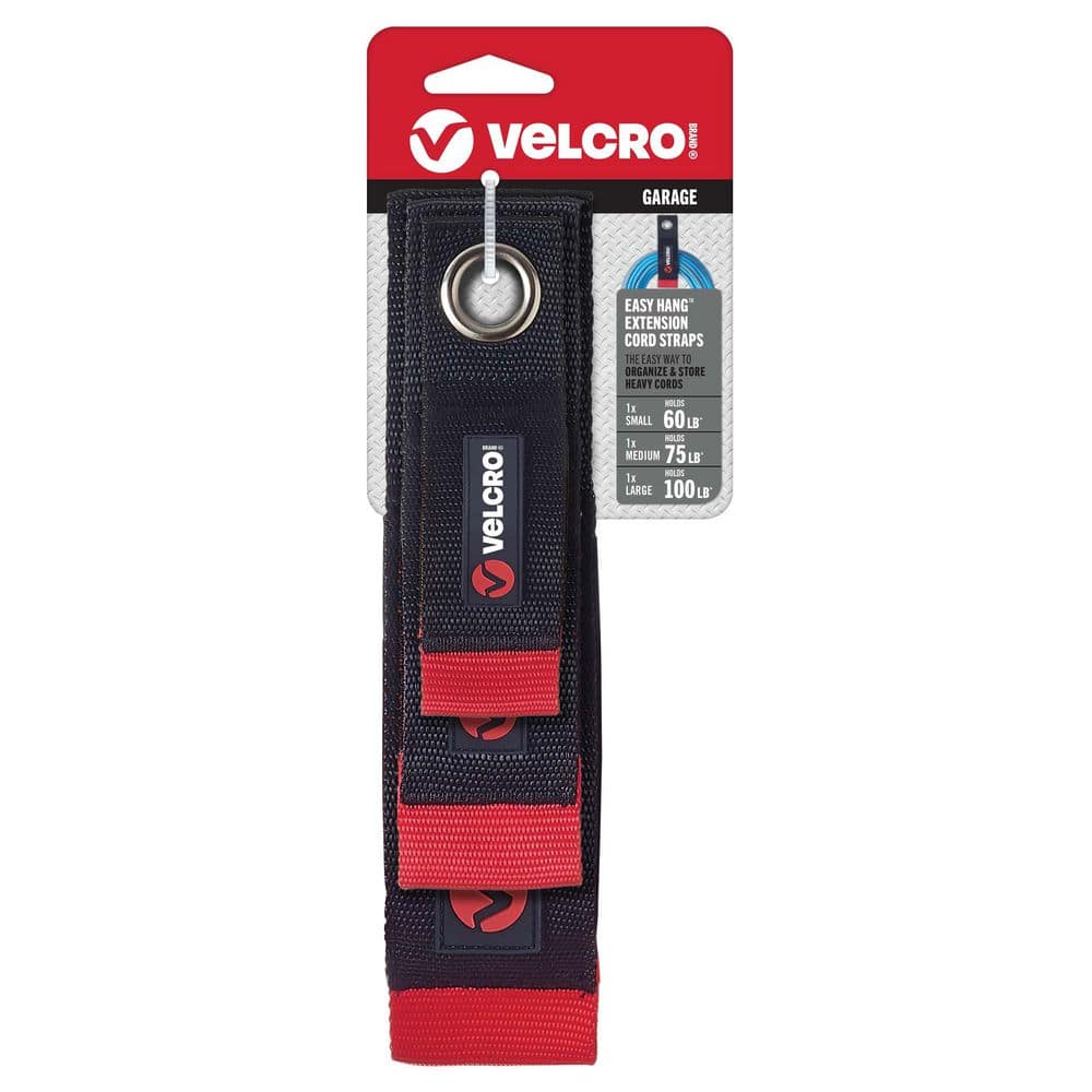 VELCRO Assorted Sizes, Small, Medium, Large Easy Hang Extension Cord Strap Hook and Loop, Bundling with Grommet (3-Pack)