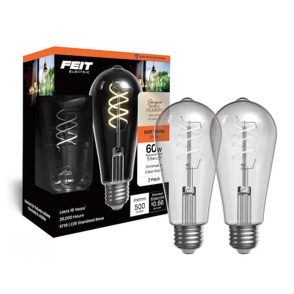 Feit Electric 40W Equiv. ST19 Dim. Double Spiral White Fil. Clear E26 Vintage LED Straight Tapered Light Bulb, Soft White 2700K 2PK
