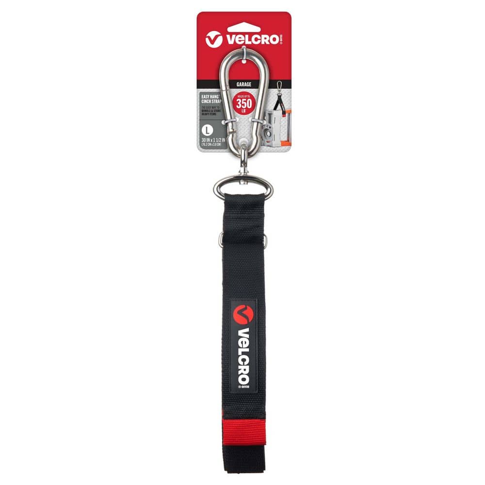 VELCRO 30 in. x 1-1/2 in. Easy Hang Cinch Strap, Bundling Strap with Carabiner in Black Hook and Loop (1-Pack)