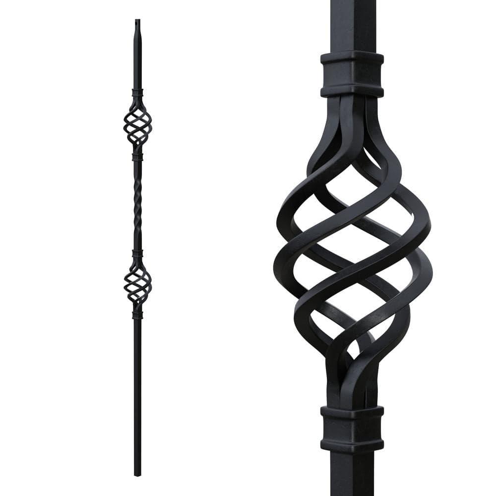 EVERMARK Stair Parts 44 in. x 1/2 in. Matte Black Double Basket Iron Baluster for Stair Remodel