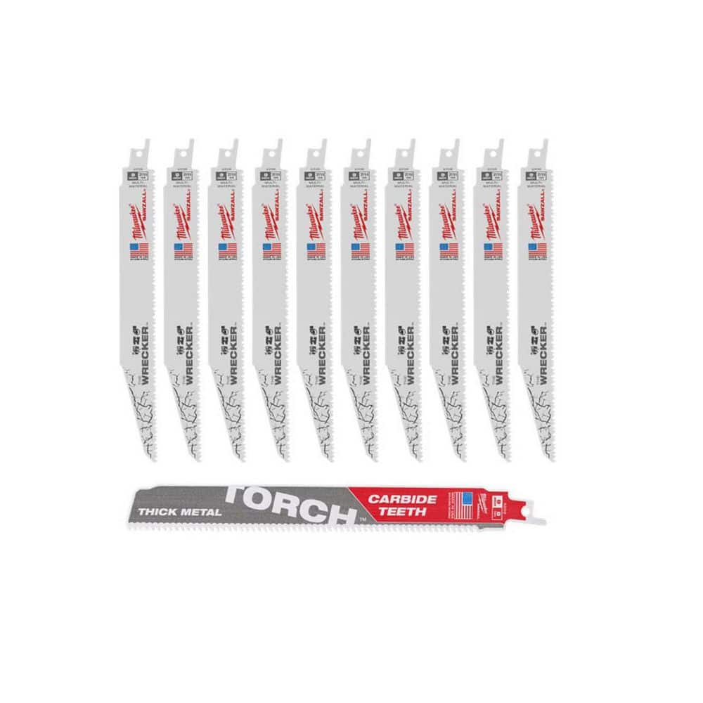 Milwaukee 9 in. 7/11 TPI WRECKER Demo Multi-Material SAWZALL Reciprocating Saw Blades (10-Pk) & 9 in. 8 TPI TORCH Carbide Blade