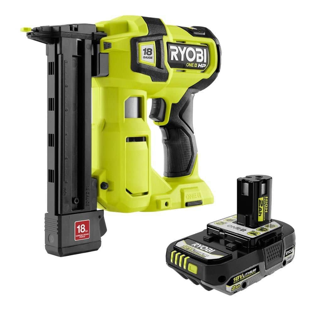 RYOBI ONE+ HP 18V Brushless Cordless 18-Gauge Narrow Crown Stapler with 2.0 Ah HIGH PERFORMANCE Battery