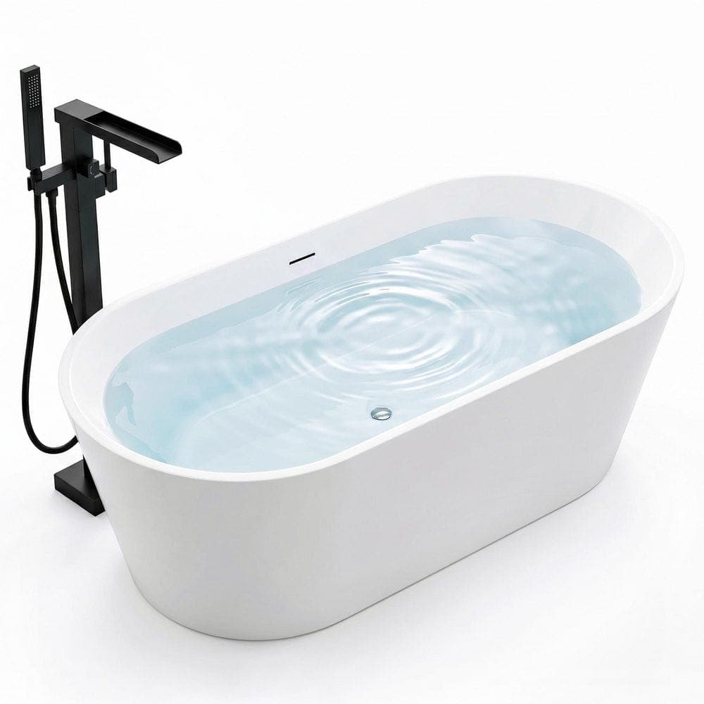 ANZZI Chand 67 in. x 32 in. Flat Bottom Freestanding Soaking Bathtub in White with 2-Handle Matte Black Freestanding Faucet