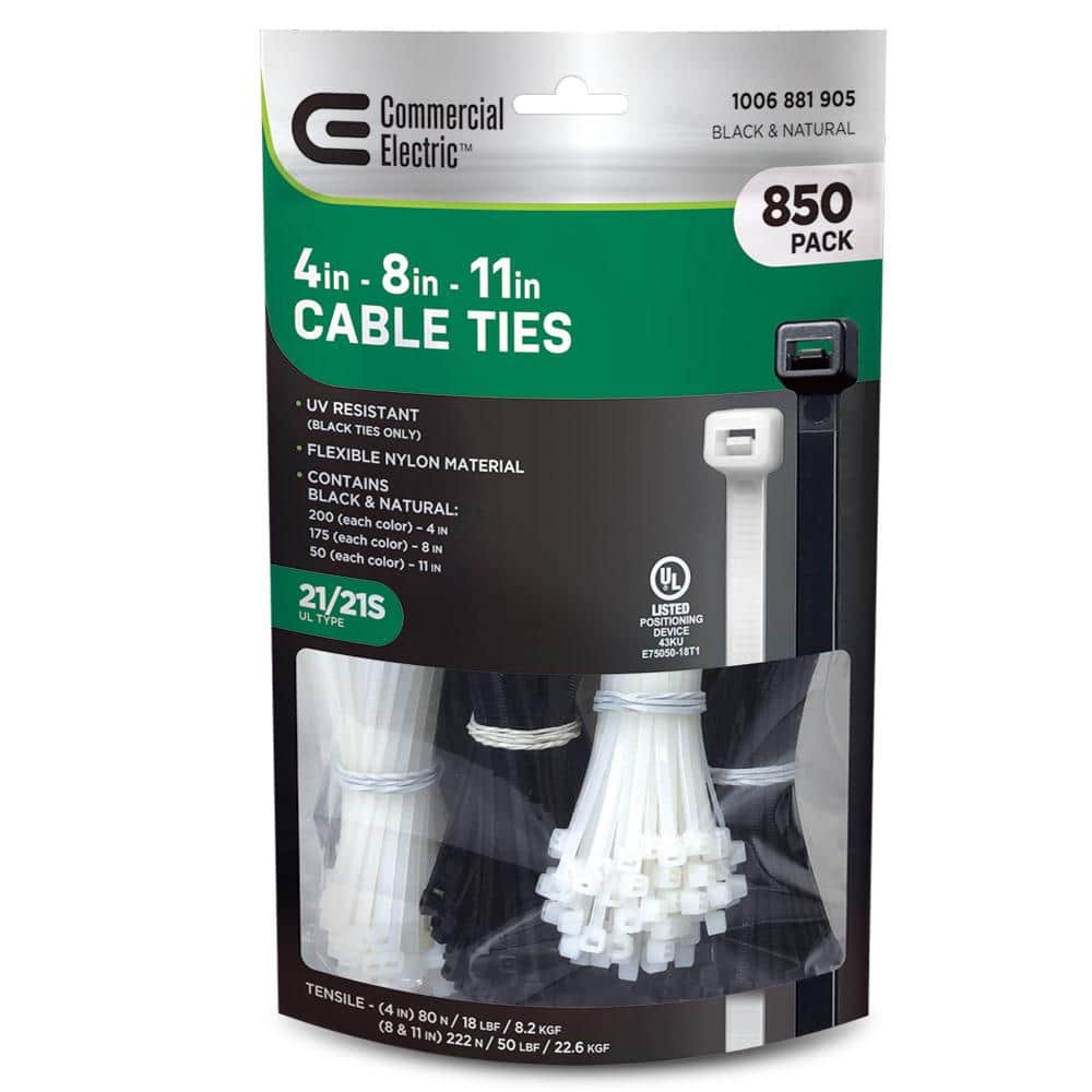 Commercial Electric 4 in., 8 in., 11 in., Standard UL 21S Rated UV Resistant Cable Zip Ties 850 Combo Pack UV (Black) Natural (White)