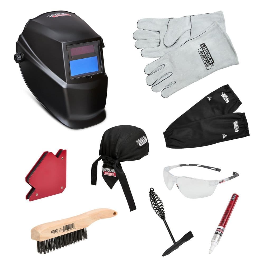Lincoln Electric Matte Black Welding Kit with Auto Darkening 9-13 Helmet, Gloves, Brush, Magnets, Doo Rag, Sleeves, Safety Glasses