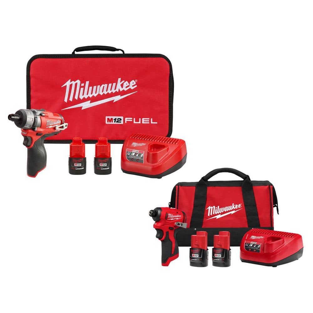 Milwaukee M12 FUEL 12V Lithium-Ion Brushless Cordless 1/4 in. Hex 2-Speed Screwdriver Kit W/(2) 2.0h Batteries,& Impact Driver Kit
