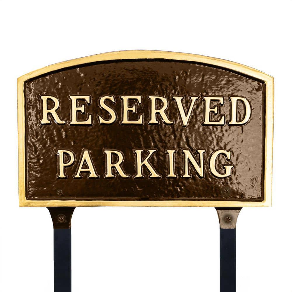 Montague Metal Products 13 in. x 21 in. Large Arch Reserved Parking Statement Plaque Sign with Lawn Stakes-Oil Rubbed/Gold