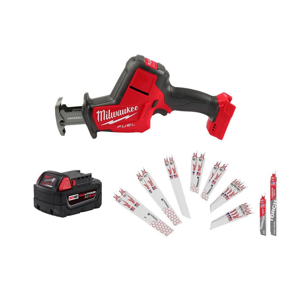 Milwaukee M18 FUEL 18V Brushless HACKZALL Recip Saw w/5.0Ah Battery & SAWZALL Blade Set