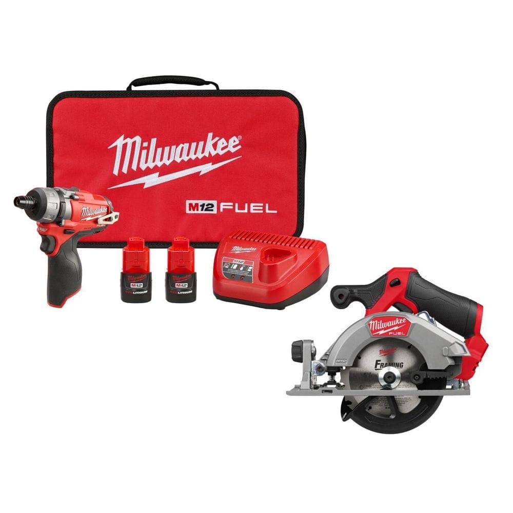 Milwaukee M12 FUEL 12V Lithium-Ion Brushless Cordless 1/4 in. Hex 2-Speed Screwdriver Kit W/(2) 2.0h Batteries, Bag,& Circular Saw