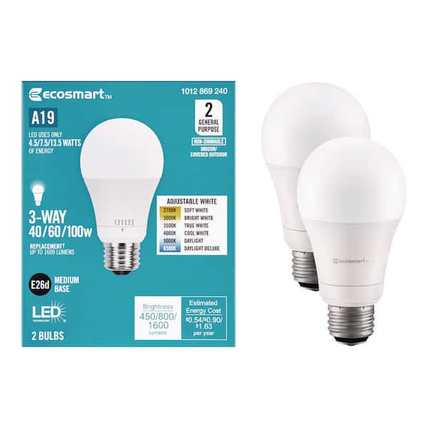 EcoSmart 40/60/100-Watt Equivalent 3-Way A19 Non-Dimmable LED Light Bulb Selectable Color Temperature (2-Pack)