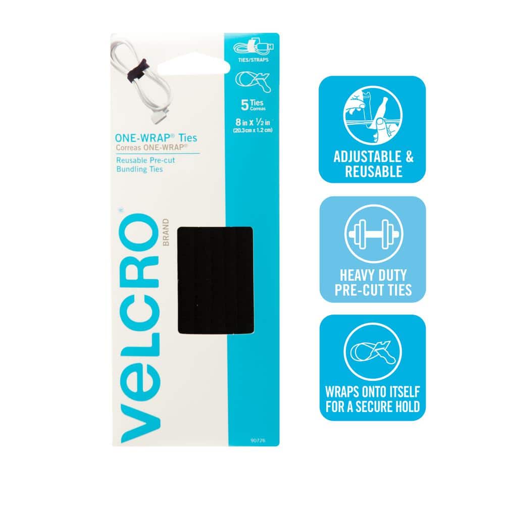 VELCRO 8 in. x 1/2 in. 1-Wrap Hook and Loop Ties Black (5-Count)