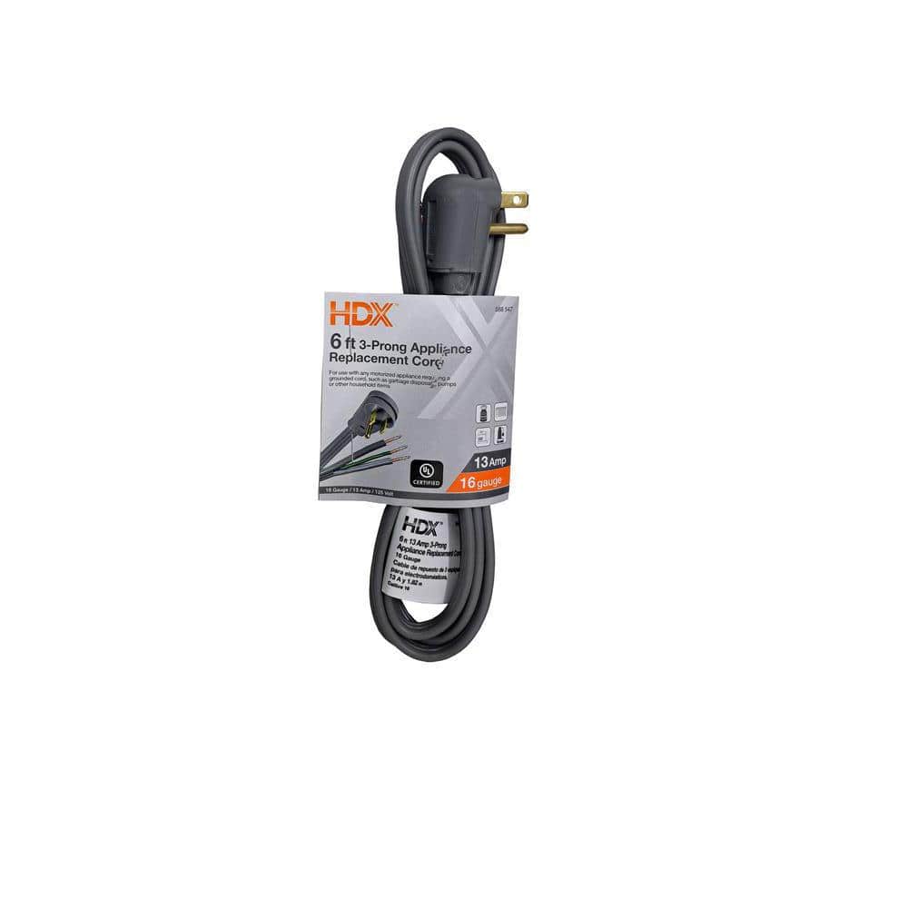 HDX 6 ft. 16/3 13 Amp 3-Prong Appliance Replacement Cord, Grey