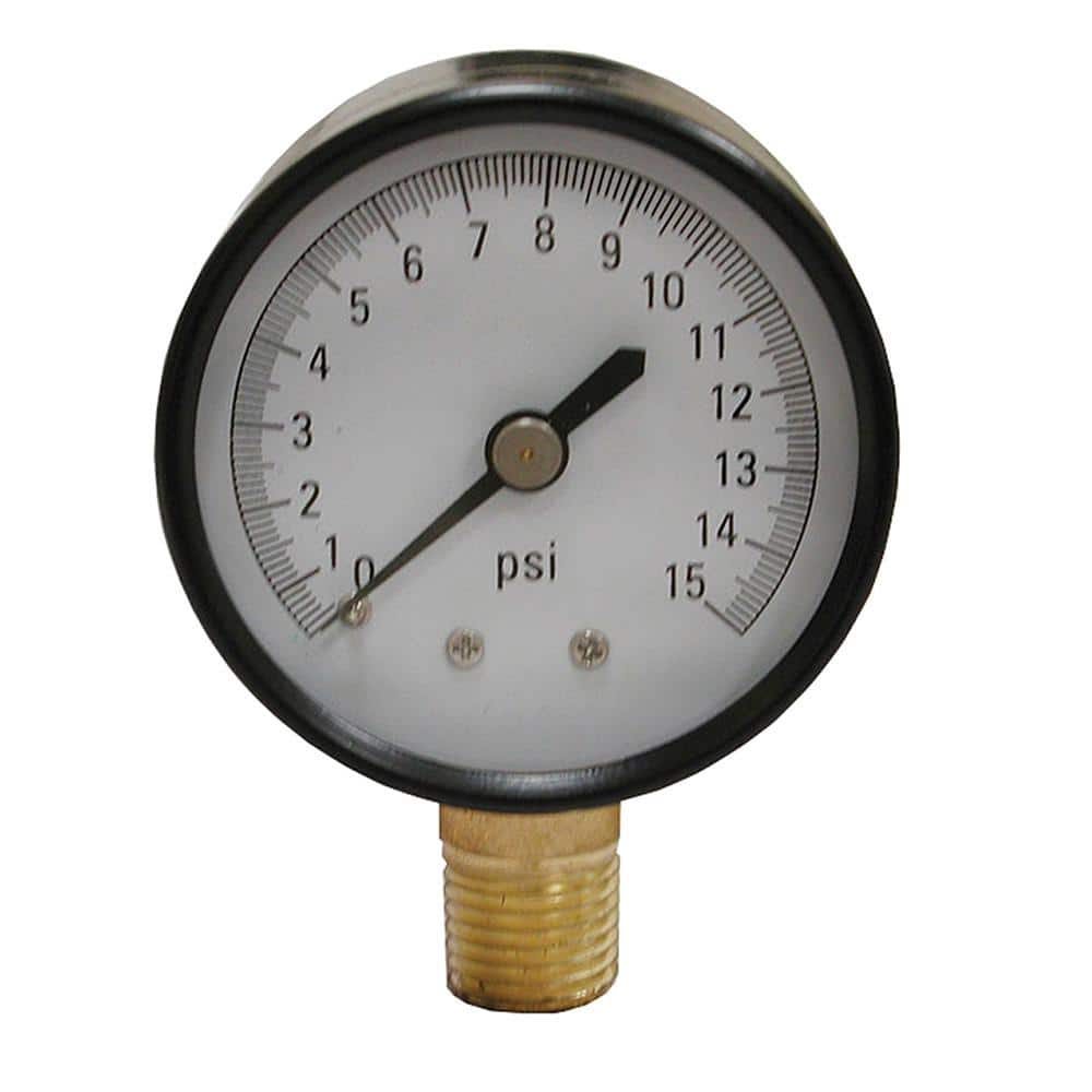 JONES STEPHENS 15 PSI Pressure Gauge with 2 in. Face and 1/4 in. MIP Brass Connection