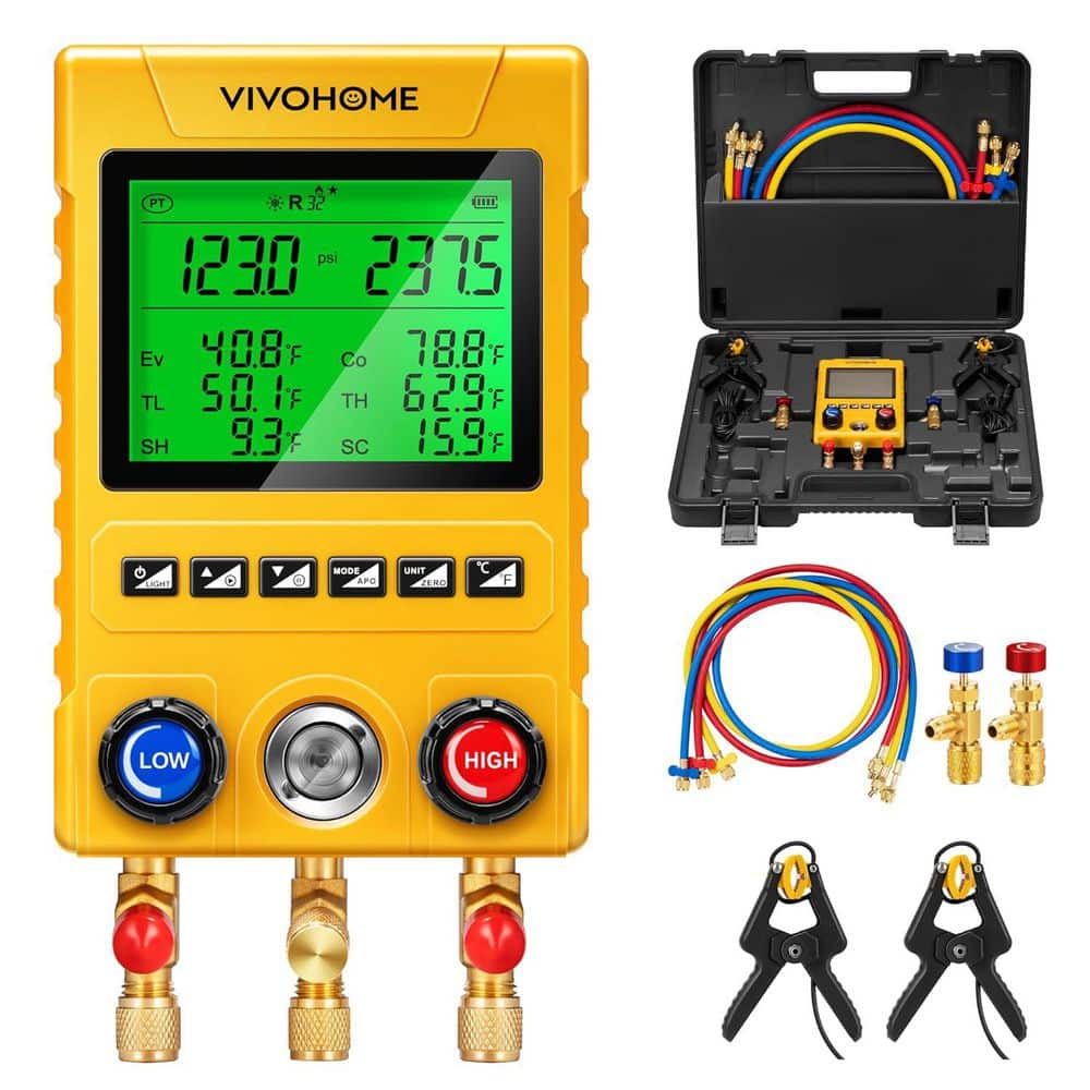 VIVOHOME Refrigeration Digital HVAC Manifold Gauge Set with 2-Wired Temperature Clamp Probes and 3-Hoses Pressure and Temp Test