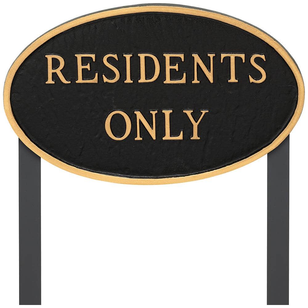 Montague Metal Products 10 in. x 18 in. Large Oval Residents Only Statement Plaque Sign with 23 in. Lawn Stakes - Black/Gold