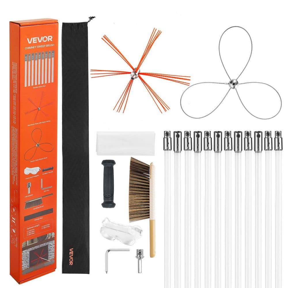 VEVOR Chimney Sweep Kit 39 ft. L Chimney Brush with 2 Brush Head Rotary Chimney Clean Kit Driven by Drill Chimney Brush Rod