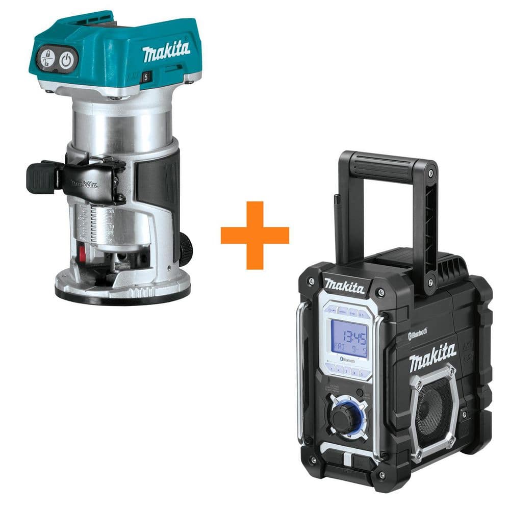 Makita 18V LXT Lithium-Ion Brushless Variable Speed Compact Router with Built-In LED Light w/ 18V LXT Bluetooth Job Site Radio
