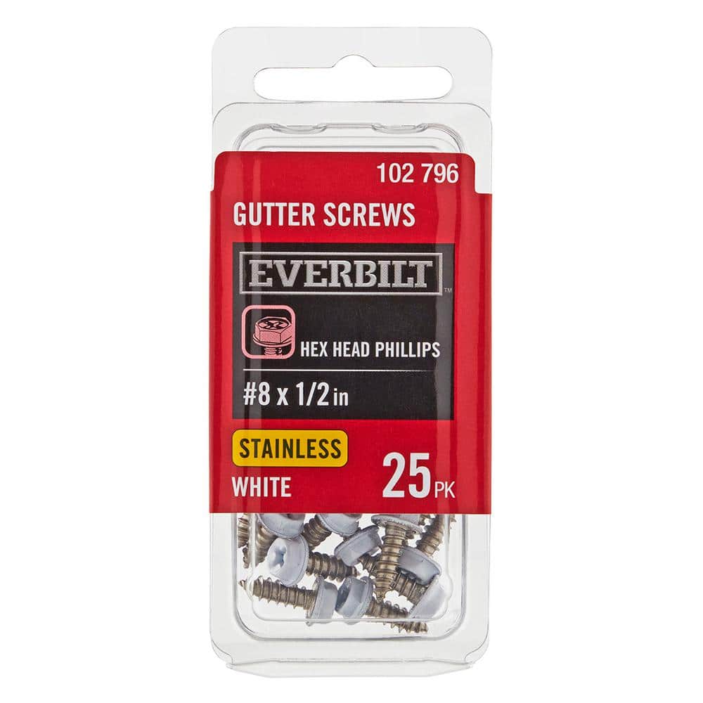 Everbilt #8 x 1/2 in. White Stainless Steel Hex Head Gutter Sheet Metal Screw (25-Pack)