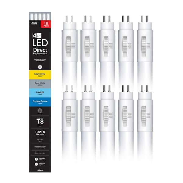Feit Electric 32-Watt 4 ft. T8 G13 Type A Plug and Play Linear LED Tube Light Bulb Selectable White 3000K,4000K,5000K,6500K (10-Pack)