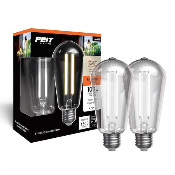 Feit Electric 100-Watt Equivalent ST19 Straight White Filament Clear Glass E26 Vintage Edison LED Light Bulb, Soft White 2700K(2-Pack)