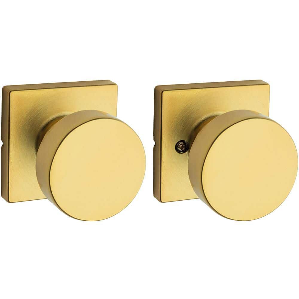 Kwikset Pismo Satin Brass Square Hall Closet Door Knob Featuring Microban Antimicrobial Protection