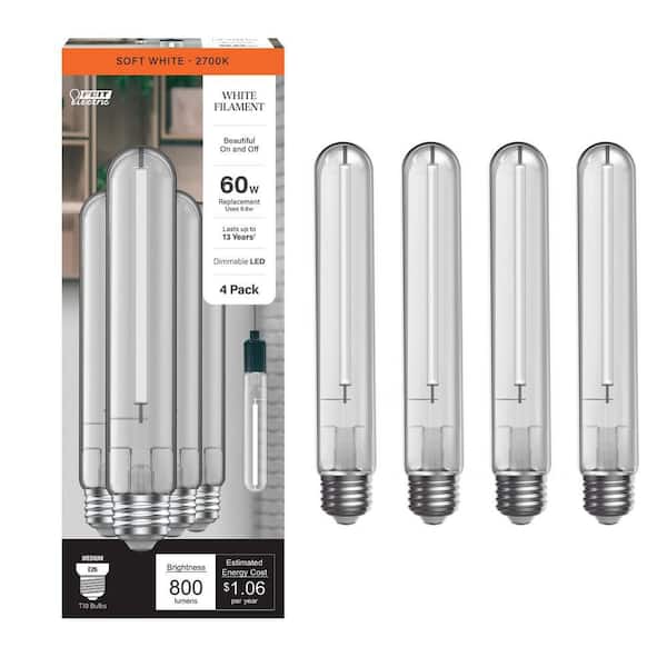 Feit Electric 60W Equivalent T10L Dimmable Straight White Filament Clear E26 Vintage Edison LED Light Bulb, Soft White 2700K (4-Pack)