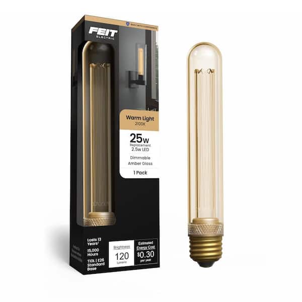 Feit Electric 25-Watt Equivalent T10 Dimmable White Filament Amber Acrylic E26 Medium Vintage LED Tubular Light Bulb, Warm White 2100K