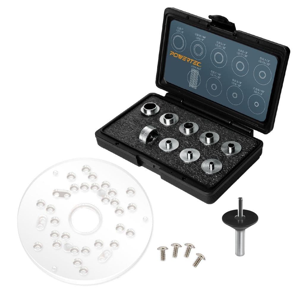 POWERTEC Router Template Bushing Guides Set 5/16 in. to 1 in. and Dia 5-3/4 in. Trim Router Base Plate, Centering Pin and Cone