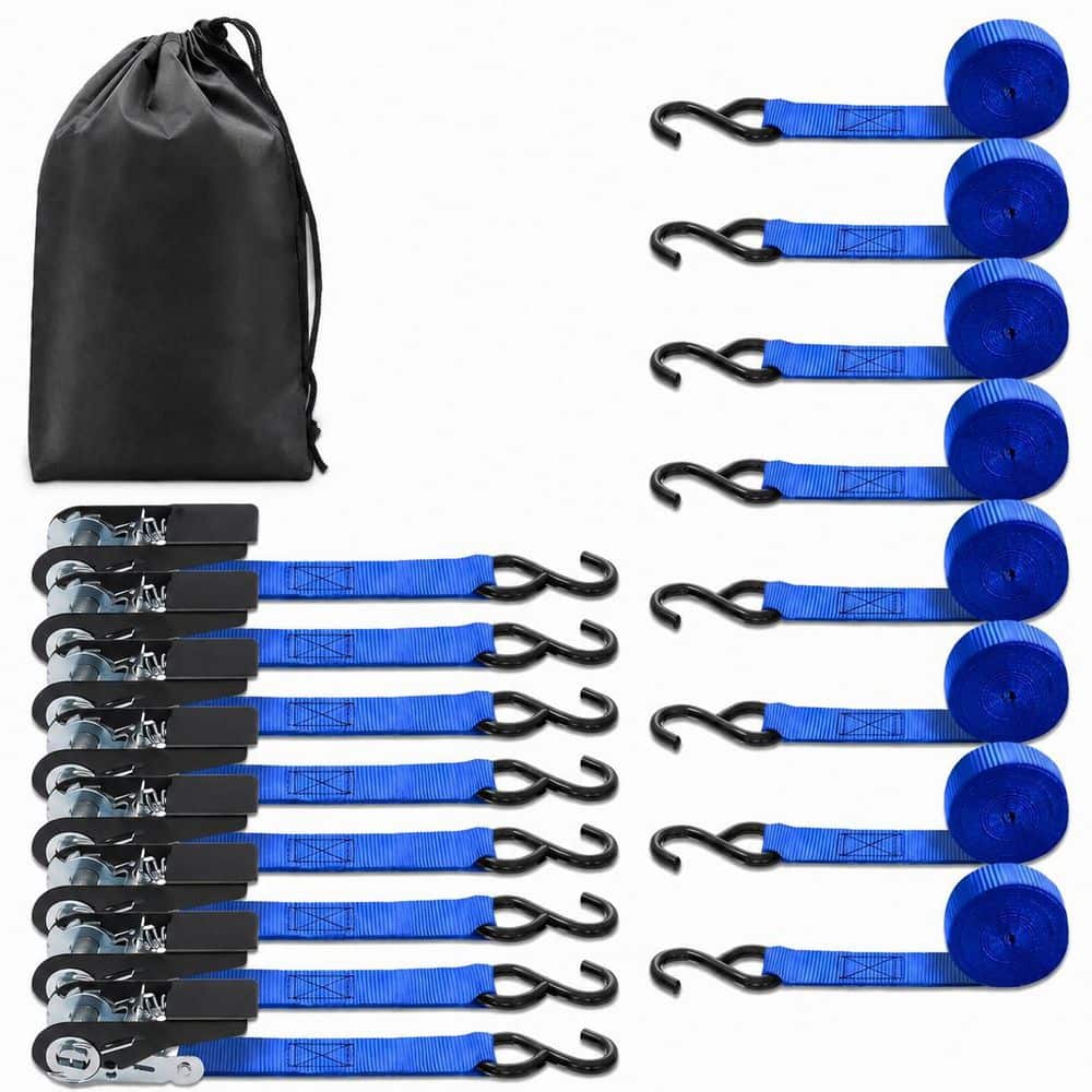 LAIFUCAM 10 ft x 1 in Ratchet Tie Down Strap with Coated S Hooks Fastener Style Cargo Strap 8 Pack 900 lb. Strength