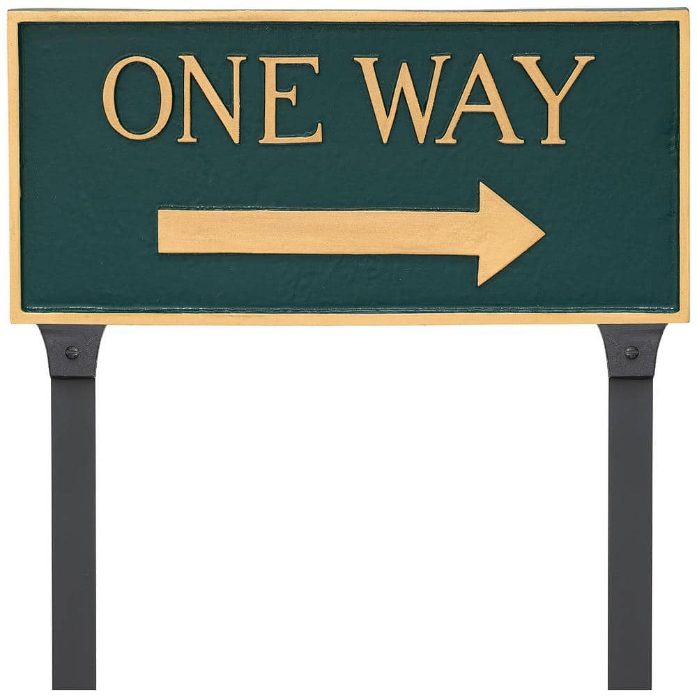Montague Metal Products 7.25 in. x 15.75 in. Standard Rectangle Right One Way Statement Plaque Sign with Lawn Stakes - Green/Gold