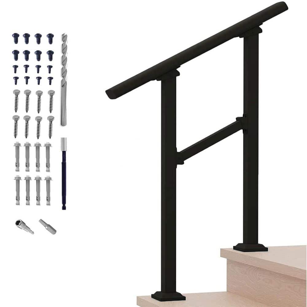 NVNOO 2 Step Black Metal Stair Handrail and Indoor Stair Railing Kit, Railings for Outdoor Steps