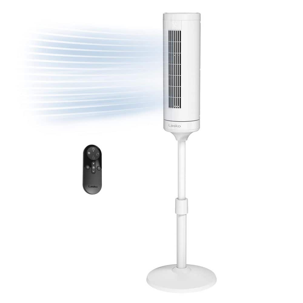 Lasko Rise 54 in. 8-Speed Adjustable Oscillating Pedestal Tower Fan in White with Quiet DC Motor, Timer, Remote, 14.6 in. Dia
