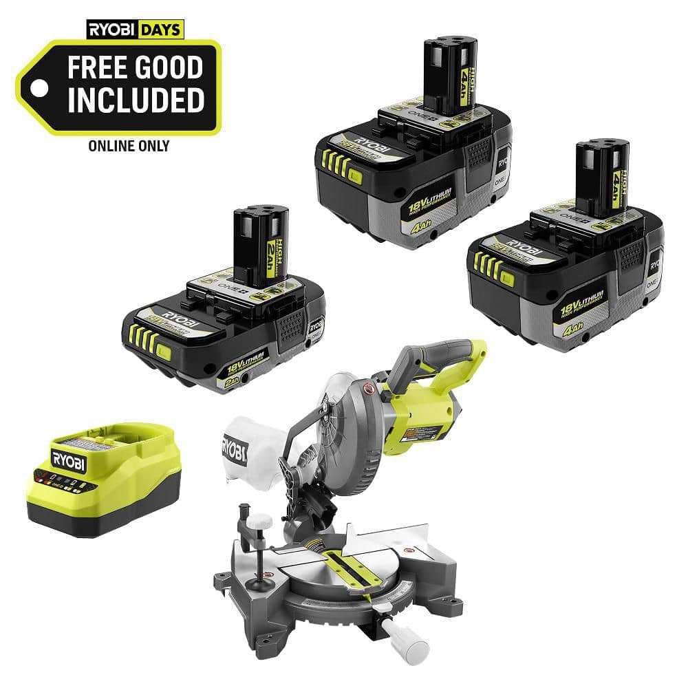 RYOBI ONE+ 18V HIGH PERFORMANCE Kit w/ (2) 4.0 Ah Batteries, 2.0 Ah Battery, Charger, & FREE ONE+ Cordless Compound Miter Saw