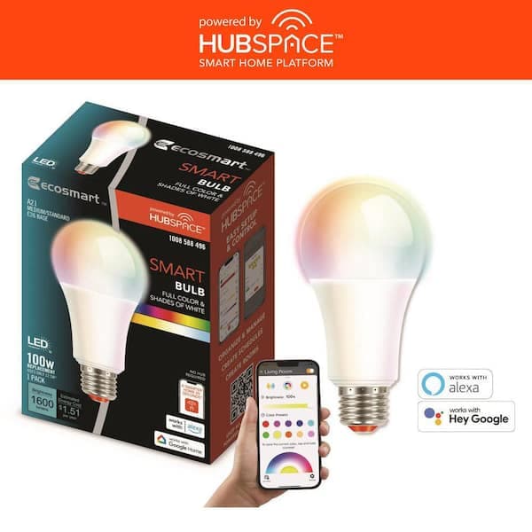 EcoSmart 100-Watts Equivalent Smart A21 Color Changing CEC LED Light Bulb with Voice Control (1-Bulb) Powered by Hubspace