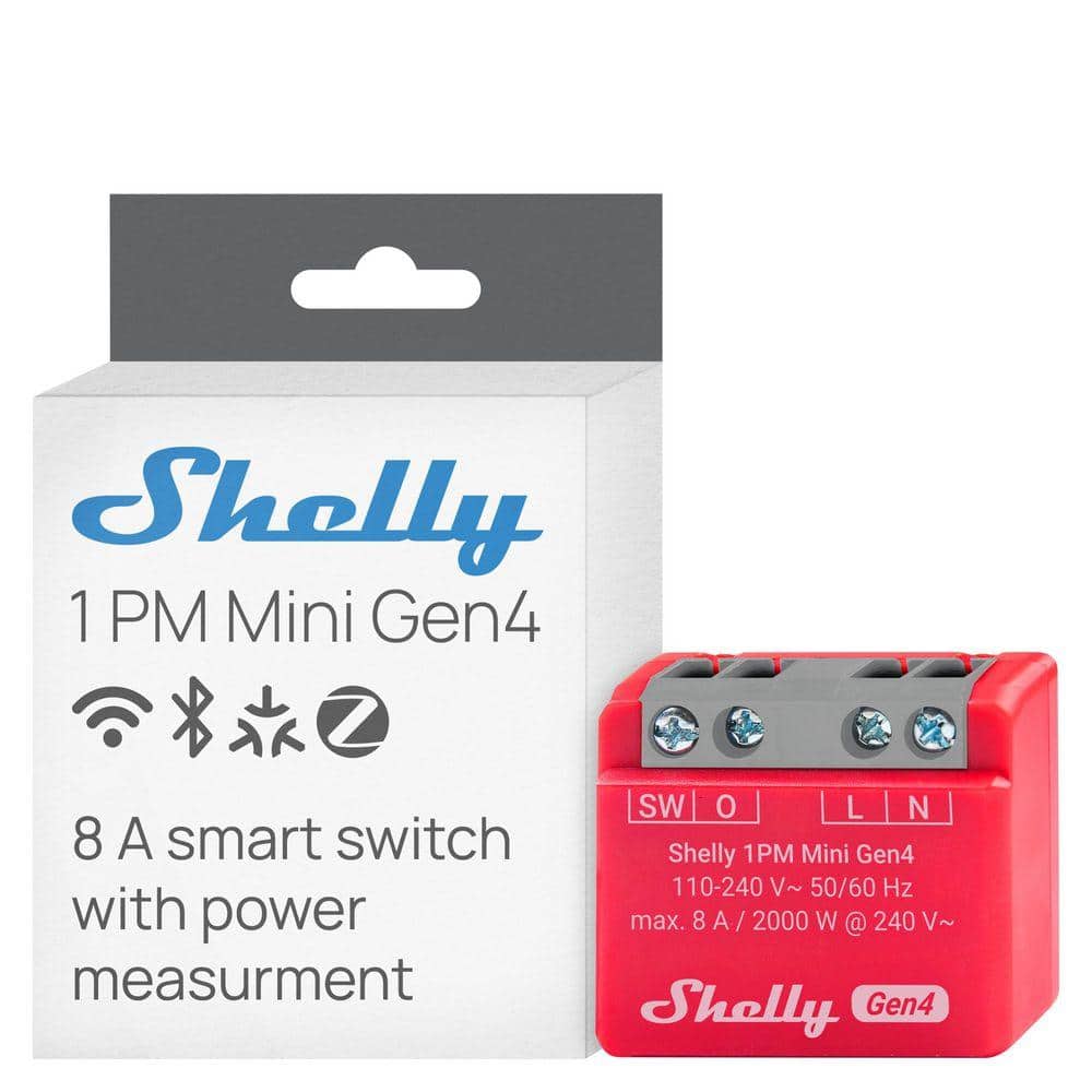 Shelly 1PM Mini Gen4, WiFi Bluetooth and Zigbee Smart Switch Relay, 1-Channel 8A With Power Measurement, Home Automation, Red