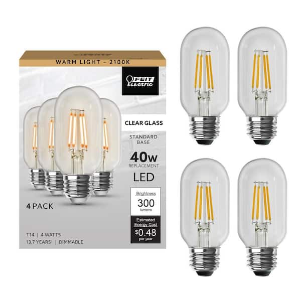 Feit Electric 40-Watt Equivalent T14 Dimmable Straight Filament Clear Glass E26 Vintage Edison LED Light Bulb, Warm White (4-Pack)