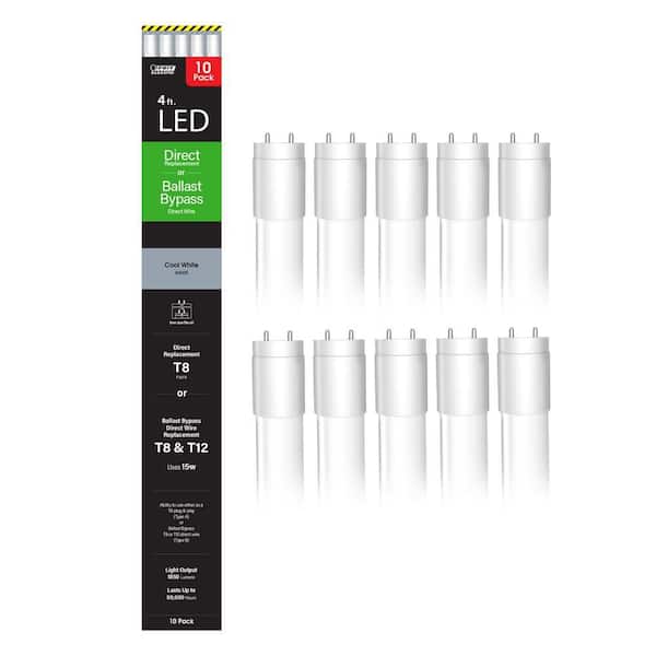 Feit Electric 4 ft. 15-W G13 Type AB T8 Plug and Play Or T8/T12 Ballast Bypass Linear LED Tube Light Bulb, Cool White 4000K (10-Pack)