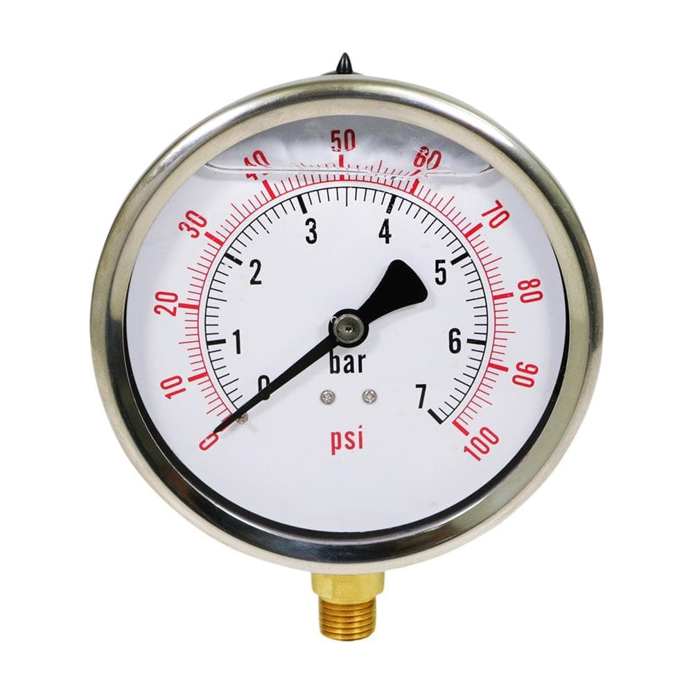 PLUMBFLEX 4in. Dial Face Liquid Filled Pressure Gauge 0-100 PSI for Oil, Gas, Water, and Air Pressure Testing 1/4in. NPT,Stainless